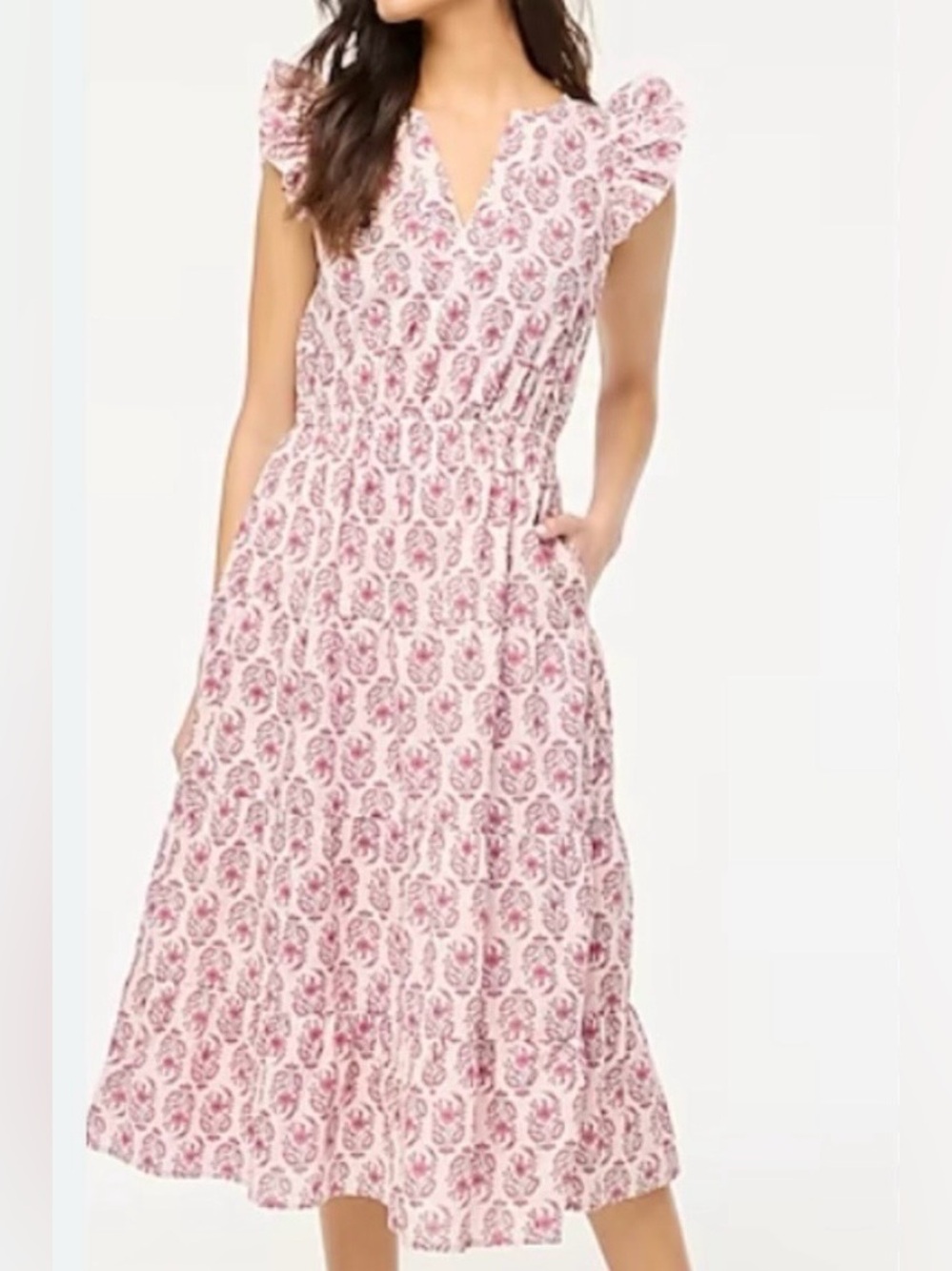 J. Crew Women’s Cotton Pink Floral Tiered Midi Dress Ruffle Sleeves Prairie 8